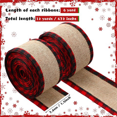 Christmas Buffalo Plaid Wired Edge Ribbons - Set of 2 Rolls, 216 Inches Each, Burlap Fabric Craft Wrapping Ribbon with Checkered Edge (1.5 Inch Width, Red and Black)
