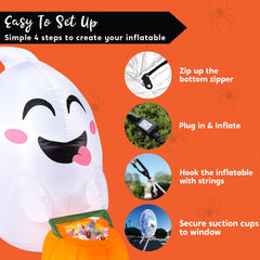 Enhance Your Halloween Decor with a 4.5 FT Inflatable Flying Ghost and Pumpkin Candy Basket - Ideal for Windows and Yards
