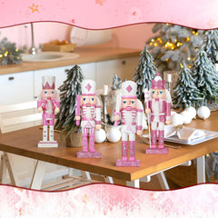12-Piece Set of Pink and White Wooden Nutcracker Ornaments - 5-Inch Soldier Figures for Christmas Tree, Table Centerpieces, and Holiday Decor
