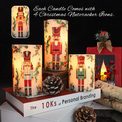 Nutcracker-Themed Flameless LED Candles with Remote Timer - Battery Operated Real Wax Pillar Set of 3 for Holiday Decor and Gift Giving