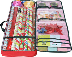 Christmas Wrapping Paper Storage Bag with Pockets - Durable Underbed Organizer (37” x 14” x 4”, Red, 600D Oxford Fabric)
