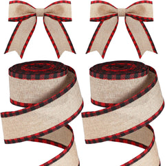 Christmas Buffalo Plaid Wired Edge Ribbons - Set of 2 Rolls, 216 Inches Each, Burlap Fabric Craft Wrapping Ribbon with Checkered Edge (1.5 Inch Width, Red and Black)