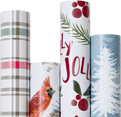 Rustic Christmas Wrapping Paper Rolls - Eco-Friendly Brown Kraft with Festive Red and Green Patterns, 4 Rolls (17" x 120") for Holiday Gift Giving