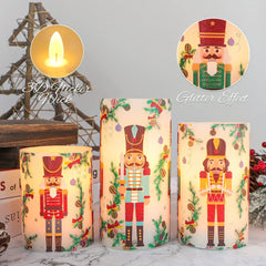 Nutcracker-Themed Flameless LED Candles with Remote Timer - Battery Operated Real Wax Pillar Set of 3 for Holiday Decor and Gift Giving