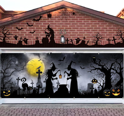 Extra Large Halloween Garage Door Cover 6 x 16 Ft: Featuring Scary Witches, Pumpkins, and Bats - Perfect for Garage Door Displays, Photography, and Party Decorations!