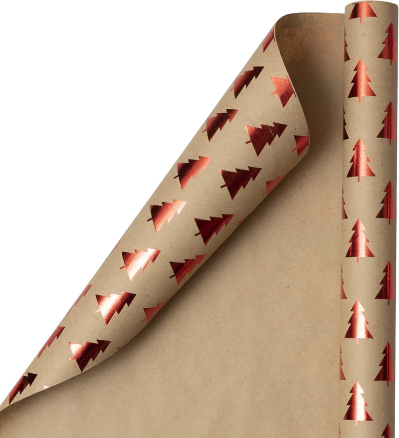 Christmas Kraft Wrapping Paper Roll - 25 Sq Ft with Red Tree Design on Brown Kraft Paper - Individually Sold