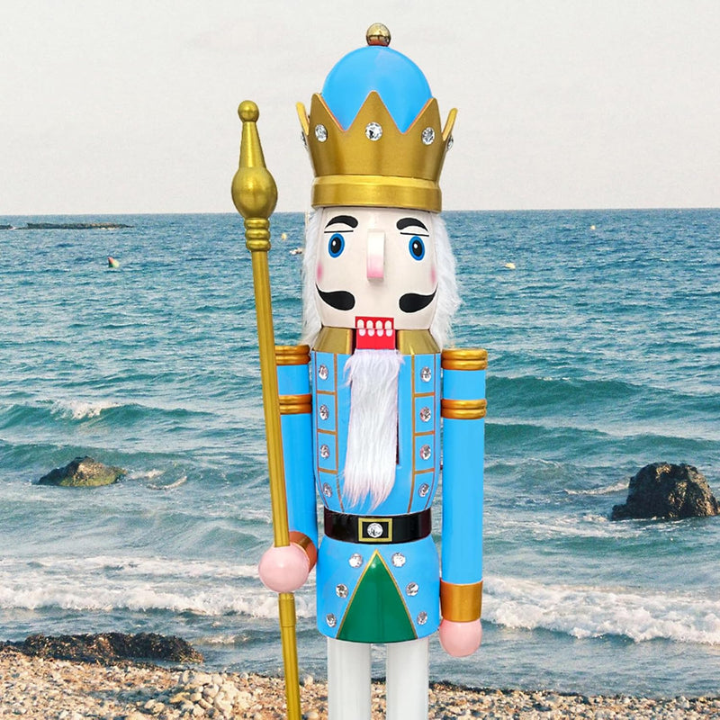 6-Foot Tall Life-Size Blue Wooden Nutcracker King Ornament with Golden Scepter for Indoor and Outdoor Holiday Decorations and Events (Model K17)