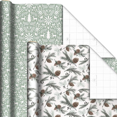 Eco-Friendly Christmas Wrapping Paper Set - 4 Rolls of 100 Sq. Ft. Featuring Rustic Snowmen, Elegant Pinecones, Nordic Deer, and Festive Plaid Designs in White and Sage Green