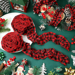 27 Feet of LED-Illuminated Buffalo Plaid Garland - Red and Black Check Fabric Ribbon for Farmhouse Holiday Decor (Set of 3 Rolls)