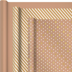 Festive Holiday Wrapping Paper Set - 3 Rolls of Kraft & Gold Designs with DIY Bow Templates for Christmas, Hanukkah, Weddings & Birthdays - 120 Sq. Ft. Total