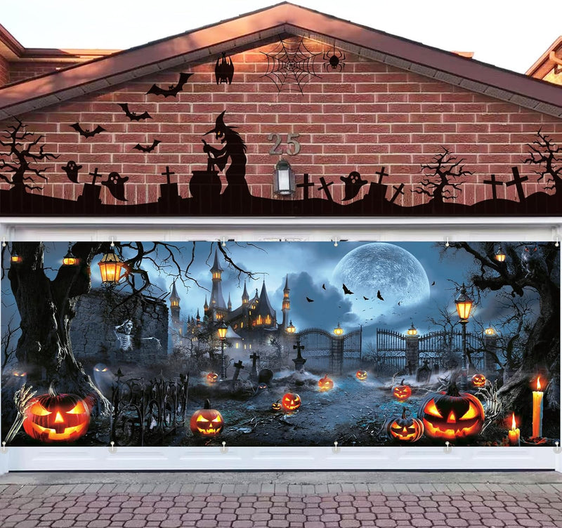 Extra Large Halloween Garage Door Cover Banner - 6 x 16 Ft: Featuring a Spooky Haunted House and Pumpkins - Perfect for Garage Door Displays, Photography, and Party Decorations!