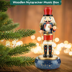 12-Inch Wooden Nutcracker Christmas Decorations with Clockwork Music Box - Soldier Drummer Design for Home Table Decor (Blue)