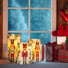 Nutcracker-Themed Flameless LED Candles with Remote Timer - Battery Operated Real Wax Pillar Set of 3 for Holiday Decor and Gift Giving