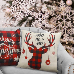 Set of 4 Christmas Pillow Covers 18x18 Inches in Black and Red Buffalo Plaid - Rustic Linen Decorative Cases for Sofa and Couch Holiday Decor