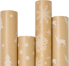 Rustic Christmas Wrapping Paper Rolls - Eco-Friendly Brown Kraft with Festive Red and Green Patterns, 4 Rolls (17" x 120") for Holiday Gift Giving