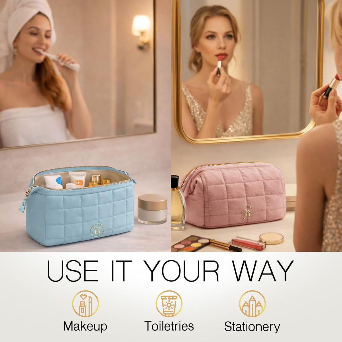Stylish Camel Quilted Travel Pouch – Your Perfect Organizer for Cosmetics and Essentials