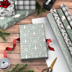 Eco-Friendly Christmas Wrapping Paper Set - 4 Rolls of 100 Sq. Ft. Featuring Rustic Snowmen, Elegant Pinecones, Nordic Deer, and Festive Plaid Designs in White and Sage Green