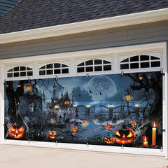 Extra Large Halloween Garage Door Cover Banner - 6 x 16 Ft: Featuring a Spooky Haunted House and Pumpkins - Perfect for Garage Door Displays, Photography, and Party Decorations!