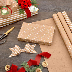 Festive Holiday Wrapping Paper Set - 3 Rolls of Kraft & Gold Designs with DIY Bow Templates for Christmas, Hanukkah, Weddings & Birthdays - 120 Sq. Ft. Total