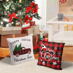 Set of 4 Christmas Pillow Covers 18x18 Inches in Black and Red Buffalo Plaid - Rustic Linen Decorative Cases for Sofa and Couch Holiday Decor