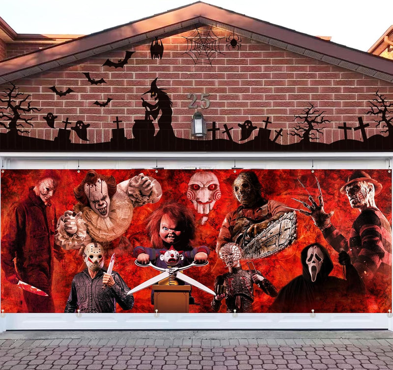 Halloween Garage Door Cover 6 x 16 Ft: Classic Horror Movie Decorations Featuring Iconic Scary Characters - Perfect for Garage Door Displays, Photography, and Party Decor