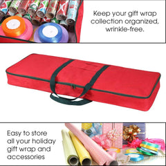 Christmas Wrapping Paper Storage Bag with Pockets - Durable Underbed Organizer (37” x 14” x 4”, Red, 600D Oxford Fabric)