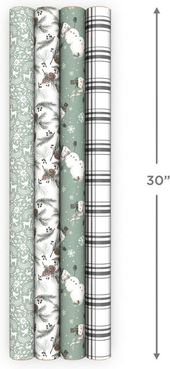 Eco-Friendly Christmas Wrapping Paper Set - 4 Rolls of 100 Sq. Ft. Featuring Rustic Snowmen, Elegant Pinecones, Nordic Deer, and Festive Plaid Designs in White and Sage Green