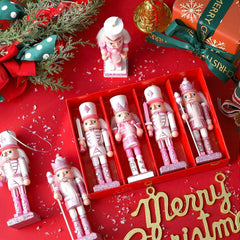 12-Piece Set of Pink and White Wooden Nutcracker Ornaments - 5-Inch Soldier Figures for Christmas Tree, Table Centerpieces, and Holiday Decor
