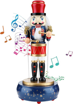 12-Inch Wooden Nutcracker Christmas Decorations with Clockwork Music Box - Soldier Drummer Design for Home Table Decor (Blue)