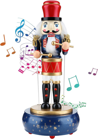 12-Inch Wooden Nutcracker Christmas Decorations with Clockwork Music Box - Soldier Drummer Design for Home Table Decor (Blue)