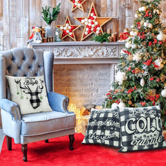 Christmas-Themed Throw Pillow Covers (18x18", Set of 4) - Farmhouse Style with Buffalo Plaid, Featuring Christmas Trees and Deer