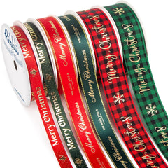 Festive Merry Christmas Ribbon Set - 6 Rolls of Red/Green with Gold Pattern for Gift Wrapping, Crafts & Home Decor - 30 Yards Total in 3/8”, 5/8”, 1” Widths