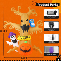 8 FT Inflatable Halloween Tree with Ghosts, Pumpkins, and Owls - Ideal for Parties and Seasonal Decor