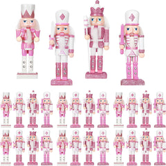 12-Piece Set of Pink and White Wooden Nutcracker Ornaments - 5-Inch Soldier Figures for Christmas Tree, Table Centerpieces, and Holiday Decor