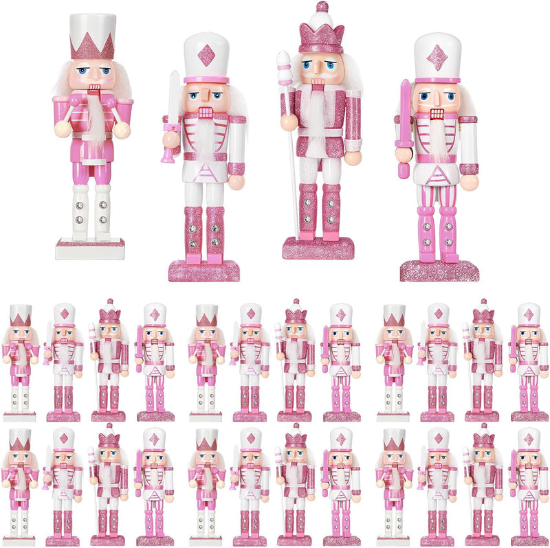 12-Piece Set of Pink and White Wooden Nutcracker Ornaments - 5-Inch Soldier Figures for Christmas Tree, Table Centerpieces, and Holiday Decor
