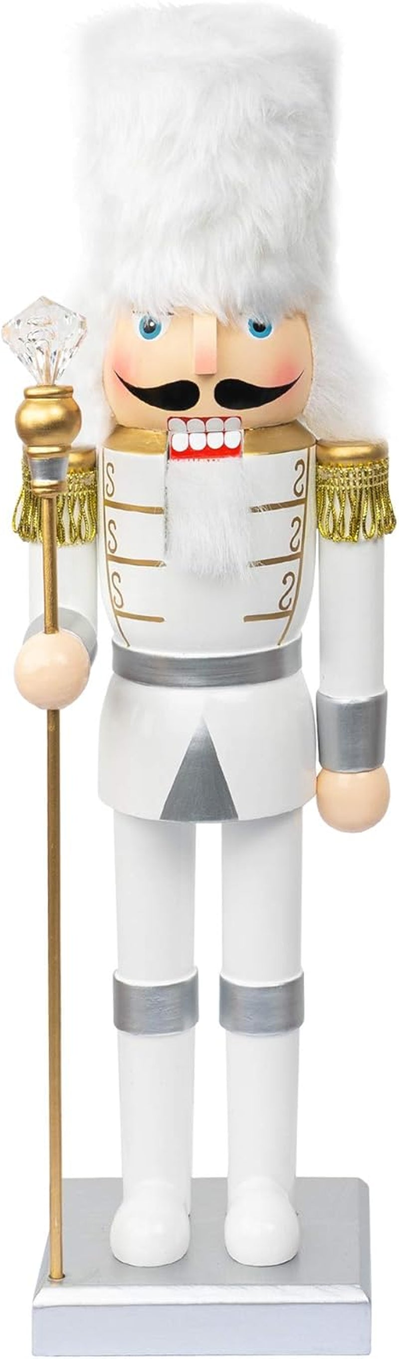 14-Inch Handmade Wooden Nutcracker Soldier in White Uniform with Scepter - Festive Decorative Figure for Indoor Winter Table and Fireplace Decor