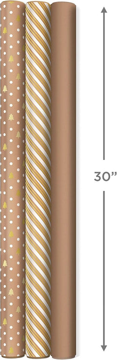 Festive Holiday Wrapping Paper Set - 3 Rolls of Kraft & Gold Designs with DIY Bow Templates for Christmas, Hanukkah, Weddings & Birthdays - 120 Sq. Ft. Total