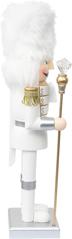 14-Inch Handmade Wooden Nutcracker Soldier in White Uniform with Scepter - Festive Decorative Figure for Indoor Winter Table and Fireplace Decor