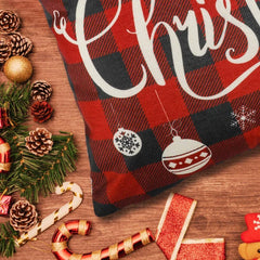 Set of 4 Christmas Pillow Covers 18x18 Inches in Black and Red Buffalo Plaid - Rustic Linen Decorative Cases for Sofa and Couch Holiday Decor
