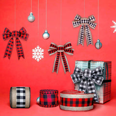 Buffalo Plaid Burlap Wired Ribbon Set for Holiday Decoration, Gift Wrapping, Wreaths, and Crafts, 2.5 Inches Wide, Total of 12 Yards (Natural Patchwork in Red and Black)