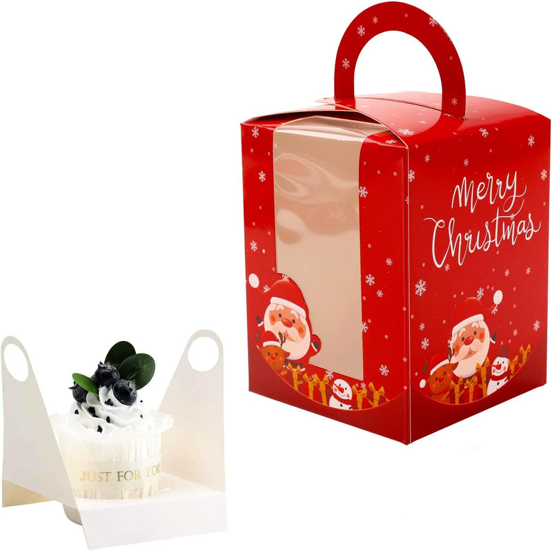 Christmas Cupcake Carrier Set - 12 Individual Cupcake Boxes with Window Insert and Handle for Bakery Treats and Holiday Celebrations
