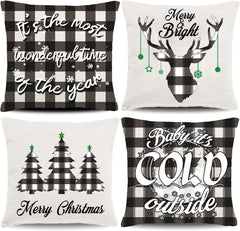 Christmas-Themed Throw Pillow Covers (18x18", Set of 4) - Farmhouse Style with Buffalo Plaid, Featuring Christmas Trees and Deer