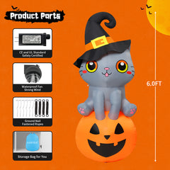 6 FT Inflatable Halloween Cat on Pumpkin - Ideal for Outdoor Decor and Halloween Celebrations with LED Lighting