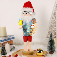 14-Inch Wooden Nutcracker Santa Figurine - Hawaiian Beach Summer Vacation Themed Tabletop Centerpiece for Holiday Decor