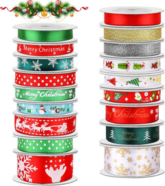 18 Rolls of Festive Christmas Ribbons - 90 Yards of Holiday Printed Grosgrain & Satin with Metallic Glitter for Gift Wrapping & Decorations in 3 Sizes