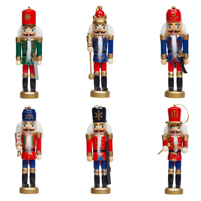 Set of 6 Rustic Wood Nutcracker Ornaments for Christmas Tree Decor, Featuring 6 Unique Designs (7.2 x 1.1 x 1.1 Inches)
