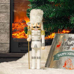 14-Inch Handmade Wooden Nutcracker Soldier in White Uniform with Scepter - Festive Decorative Figure for Indoor Winter Table and Fireplace Decor