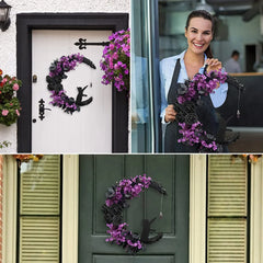 "Spooky Halloween Moon Wreath with Mini Black Cat 🌙🐱 Perfect for Home Parties! #HalloweenDecor"