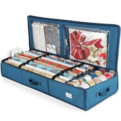 Christmas Gift Wrap Storage Organizer with Interior Pockets - Accommodates Up to 22 Rolls of 40", Blue