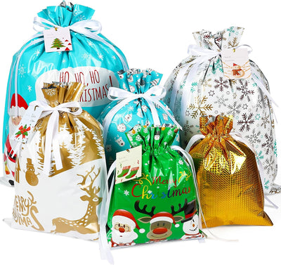 30Pcs Assorted Christmas Gift Bags with Drawstring & Name Tags - Perfect for Holiday Wrapping in Jumbo, Large, Medium, and Small Sizes!